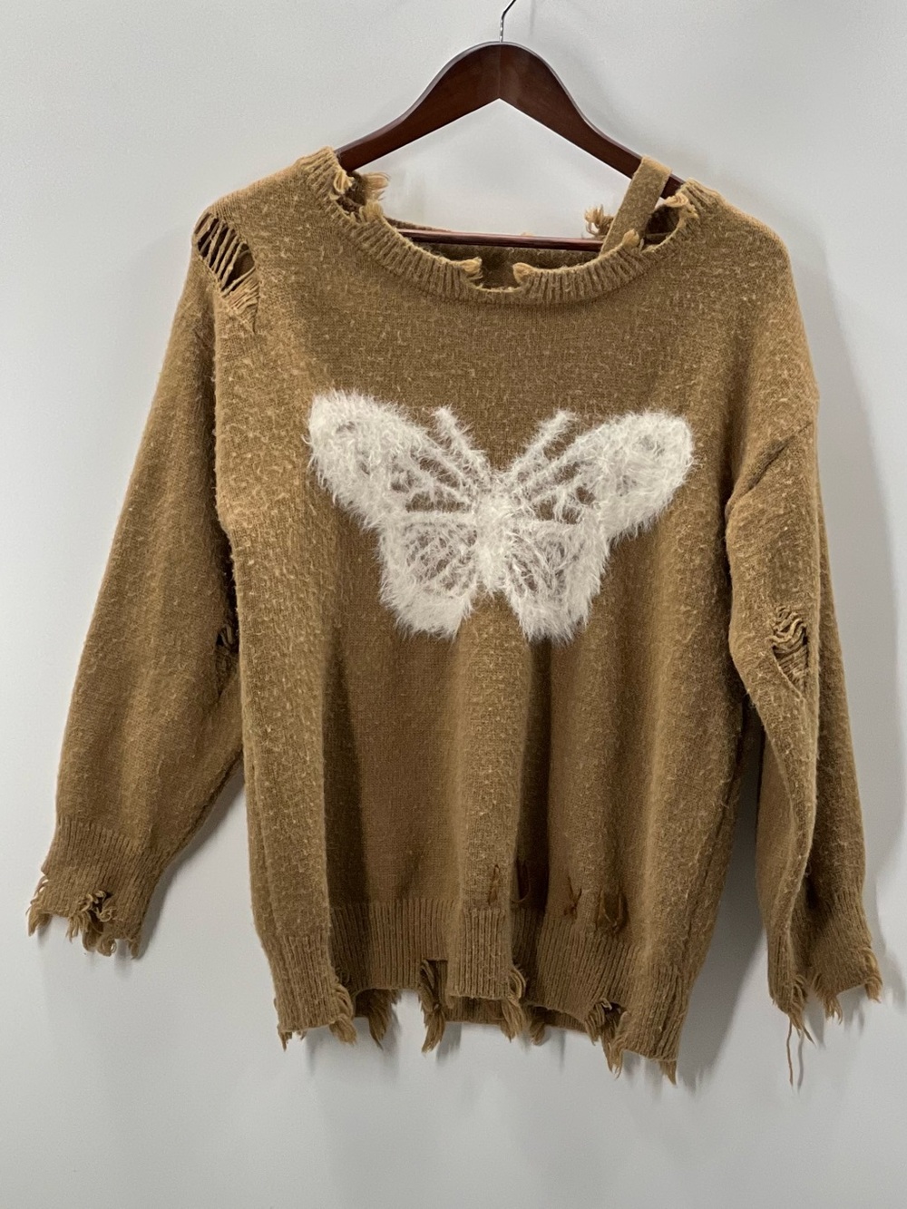 273 Distressed Brown Butterfly Sweater